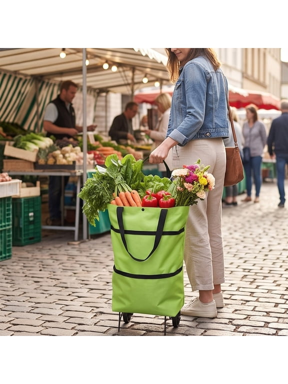 Foldable Wheeled Shopping Tote Bag, Portable Rolling Grocery Bag with Wheels, Expandable Reusable Tote for Supermarket, Market, Picnic, Travel