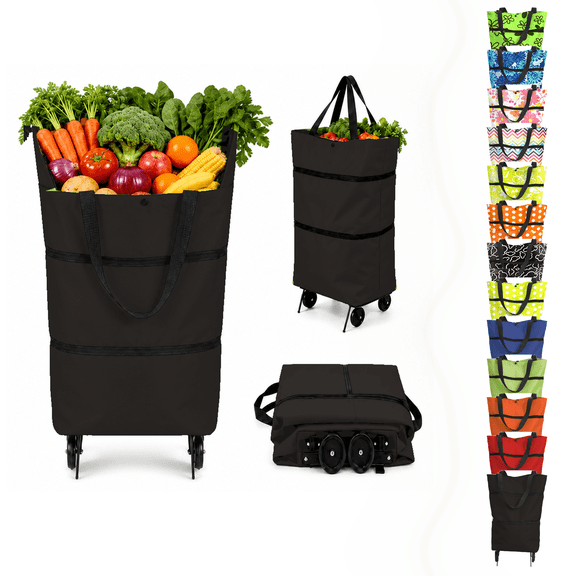 Foldable Wheeled Shopping Tote Bag with Wheels, Portable Rolling Grocery Cart Bag Expandable Reusable Market Tote for Supermarket Picnic Travel Camping, Collapsible Storage Cart with Wheels, Black