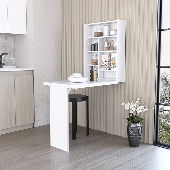 Foldable White Table with Seven Different - Size Shelves - Efficient Space Utilization for Rooms