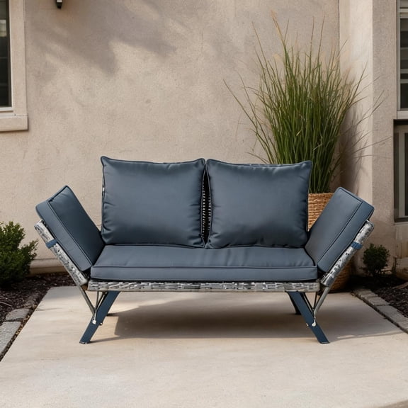 Foldable Wicker Conversation Bench with Adjustable Arms and Cushion, Neutral Gray, 2-Seater