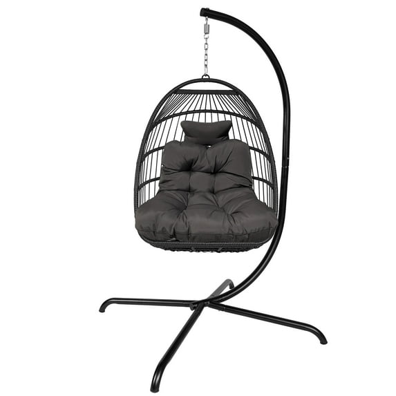 Foldable Wicker Hanging Egg Chair with stand, Swing chair with stand,Hanging chair with Cushion and Pillow,Lounging Chair Patio Chair for Indoor Outdoor Bedroom Garden,350lbs Capaticy Black