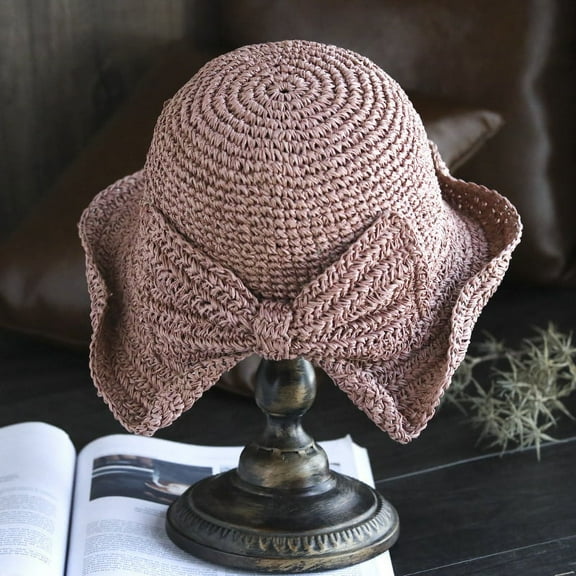 Foldable Wide Brim Floppy Straw Beach Sun Hat, Summer Cap with Bowknot for Women Girls, Strap Adjustable