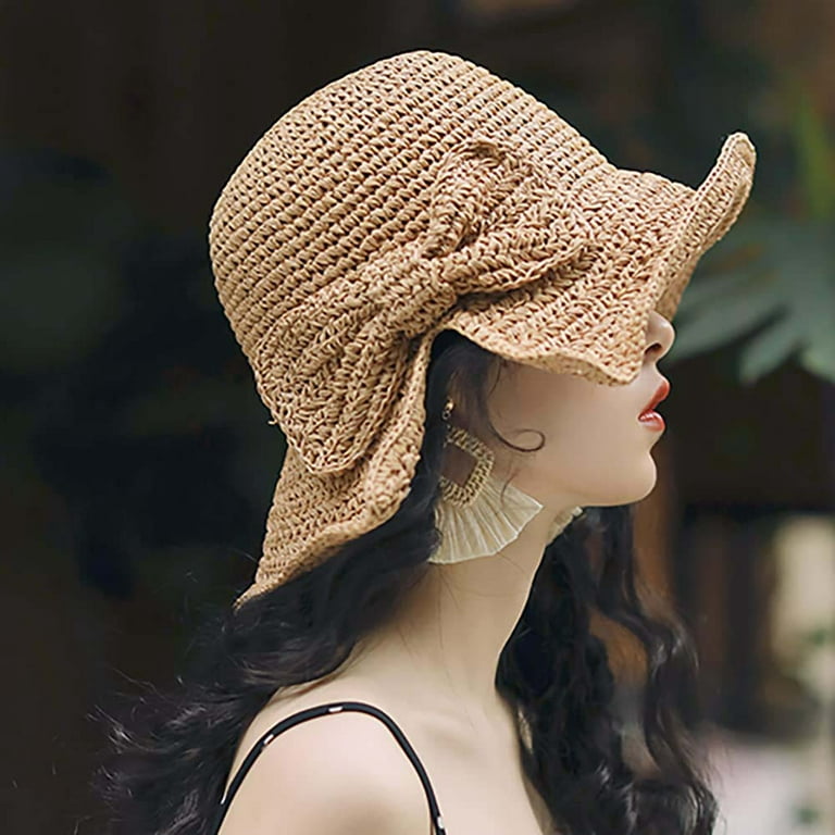 Foldable Wide Brim Floppy Straw Beach Sun Hat,Summer Cap with Bowknot for  Women Girls,Strap Adjustable 
