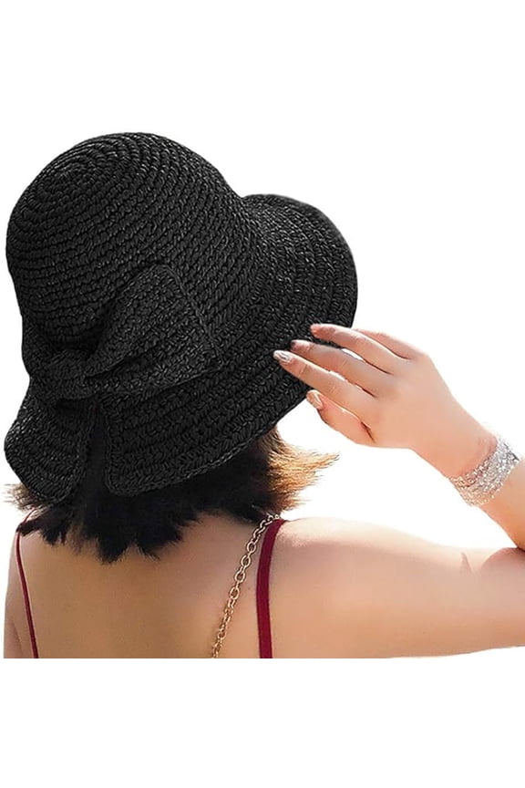Foldable Wide Brim Floppy Straw Beach Sun Hat, Summer Cap with Bowknot for Women Girls, Strap Adjustable