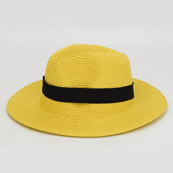 Foldable Wide Brim Raffia Panama Sun Hat with Square Buckle, Breathable Outdoor UV Protection Beach Fedora for Summer
