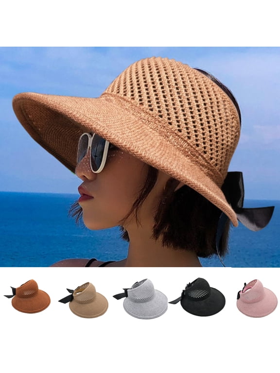Foldable Wide Brim Straw Hat for Women UV Sun Visor with Bow Adjustable Fit 56cm60cm Lightweight & Breathable for Travel, Camping, Cycling Beach Summer Sun Protection