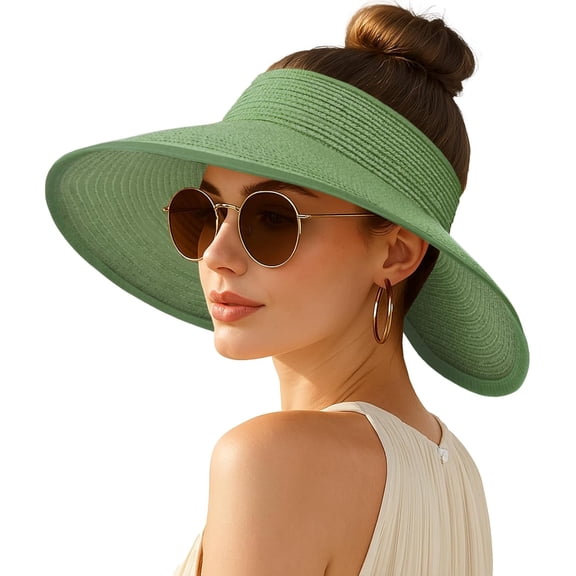 Foldable Wide Brim Straw Sun Hat for Women - Floppy Beach Visor with Ponytail Hole