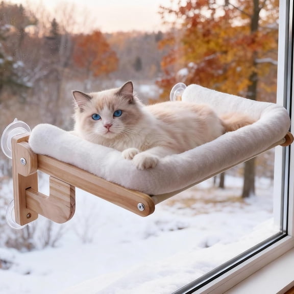 Foldable Window Perch, Cloud-Soft Bed with Solid Frame, Suction Cup, Washable Cushion, Large Cats Hammock with Sided Bolster, Cats Perch Indoor for Sunbathing, White