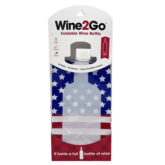 Foldable Wine Bottle in Stars and Stripes, BPA Free Plastic, Holds Full Bottle, Twist Cap, Portable, Lightweight, Break Resistant, Ideal for Travel, Poolside, Outdoor Use, Patriotic Design