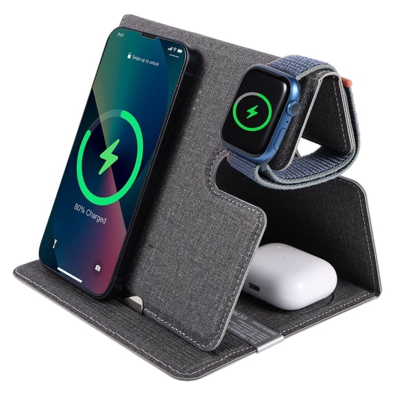 Ant Class Foldable Wireless Magnetic Travel Wireless Charging Station Multiple Devices, 3 in 1 Charging Station for iPhone 15/14/13/12/Pro/Max,iWatch,AirPods 3/2/Pro, Gray