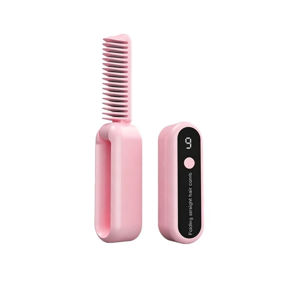 Foldable Wireless Hair Straightening Comb Mini - USB Rechargeable with Digital Temperature Display, Negative Ion Tech, Travel & Styling