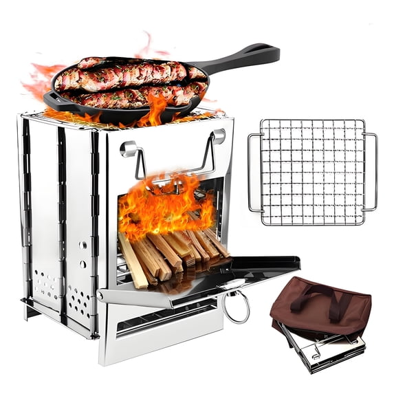 Foldable Wood Burning Camp Stove with Stainless Steel Grid, Portable Collapsible Rocket Stove, Outdoor Survival Gear for Hiking, Camping and BBQ