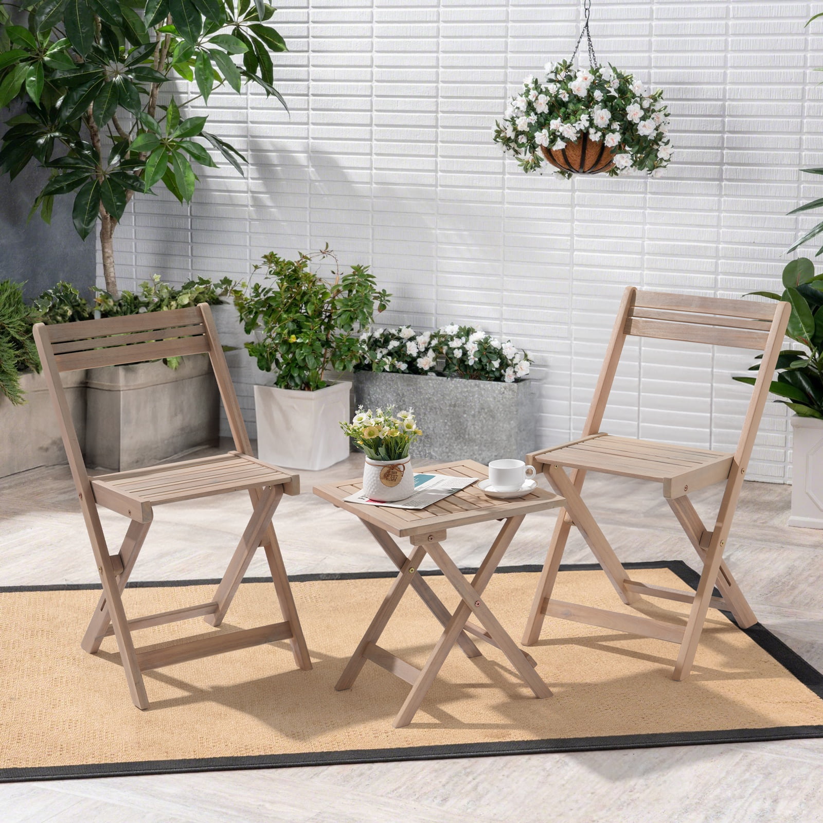 Foldable Wood Patio Bistro Set 2 Ergonomic Chairs Compact Table for Instant Outdoor Ambiance No Assembly Required Weather Resistant