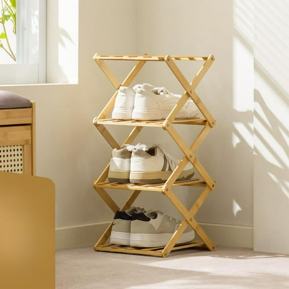 Foldable Wood Shoe Rack Multi Tier Entryway Organizer, No Assembly Space Saving Sturdy Wood, 4/5 Tier Adjustable, Quick Fold Design, For Home Entryway Bedroom Balcony Shoe Accessory Storage