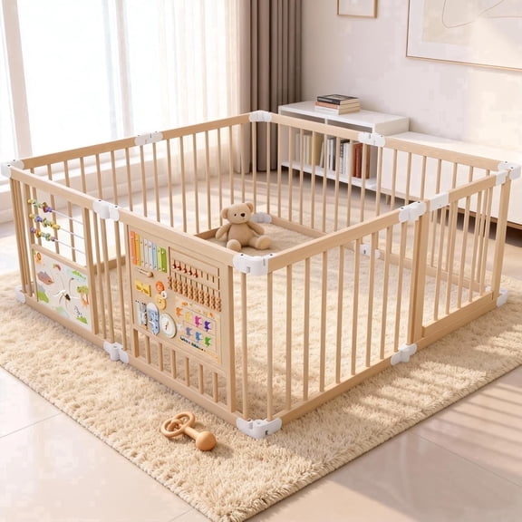 Foldable Wooden Baby Playpen 55"x55"x24" with 2 Game Boards, 10+ Toy Set, 2.6in Safe Gap, 8-Panel Custom Shapes, Large Play Yard Fence for Toddlers