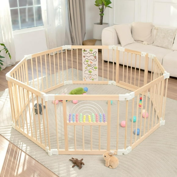 Foldable Wooden Baby Playpen Activity Center,Adjustable Size & Shape Portable Play Yard, Baby Fence Play Area with Gate for Indoor Use for Babies and Toddlers(56x56x24inches)