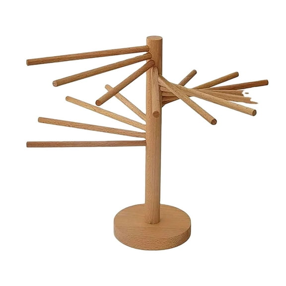 Foldable Wooden Pasta Drying Rack 9 Bar Spaghetti Stand for Fresh Noodles Countertop Beige