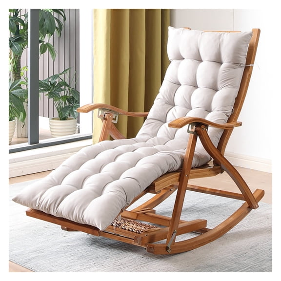 Foldable Wooden Recliners with Pad,Wooden Rocking Chairs Sun Lounger Chairs,Outdoor Bamboo Rocking Recliners with Armrest Foot Massage Pillow,Portable Deck Recliner Seat