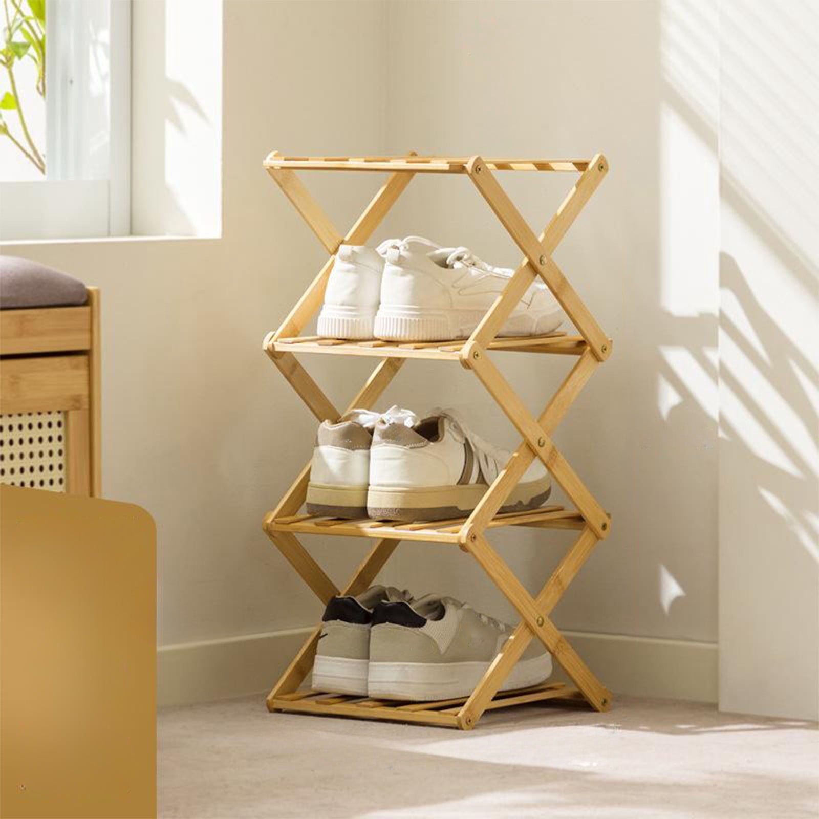 Foldable Wooden Shoe Rack, No Assembly Multi-Tier Entryway Space-Saving Shoe Organizer for Home