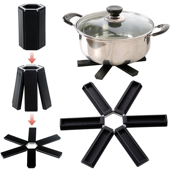 Foldable Wooden Trivet Pot Holder, Heat Resistant Hot Pads for Pots Pans Teapot, Space Saving Folding Trivet Mat for Kitchen Table Countertop Dining Room, Black