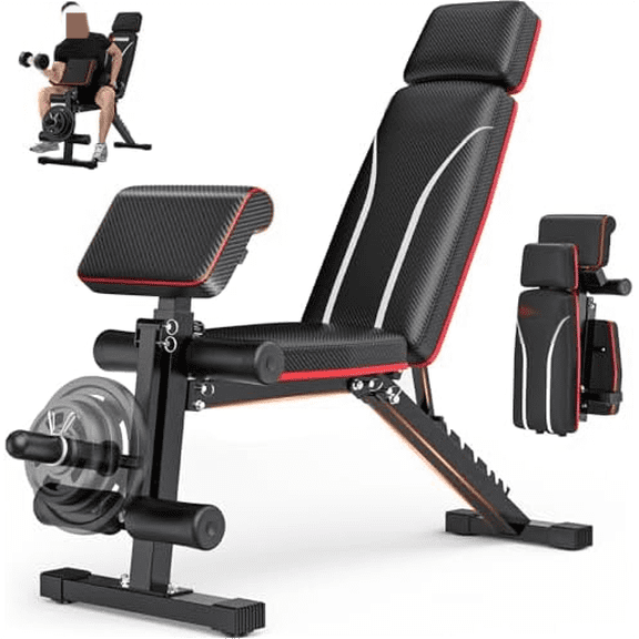 Foldable Workout Bench, Adjustable Weight Bench for Home Gym with Leg Extension, Preacher Pad, Extended Headrest, Collapsible Bench Press Full Body Workout Strength Training Banco de Pesas
