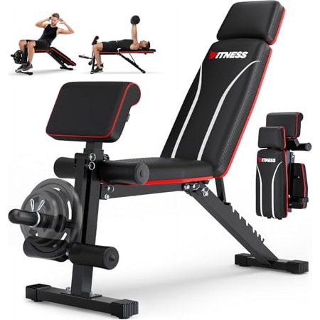 Foldable Workout with Leg Extension, Adjustable Weight w/Preacher Culr, Extended Headrest, Collapsible for Home Gym Strength Training Exercise Full Body Banco de Pesas 880LBS