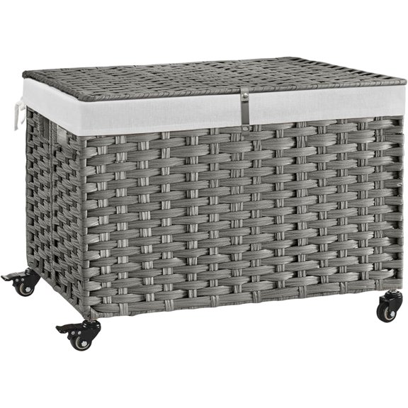 Foldable Woven Rattan Storage Basket with Lid, 47.6 Gallon (180L) Rolling Bin with Wheels, Metal Frame, Removable Liner and Handles for Bedroom, Laundry Room, White
