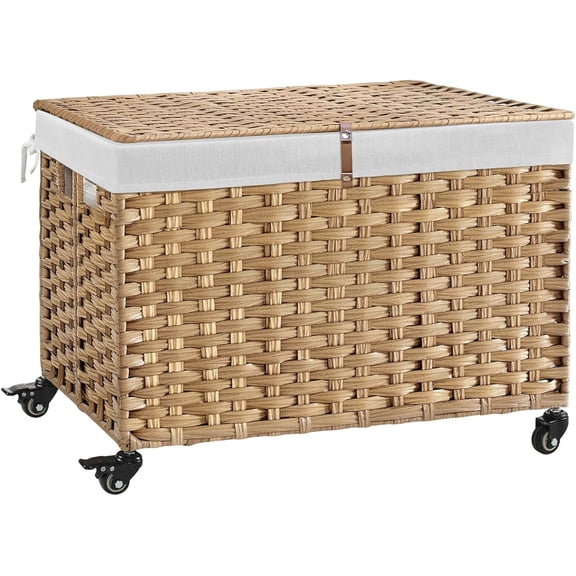 Foldable Woven Rattan Storage Basket with Lid, 47.6 Gallon (180L) Rolling Bin with Wheels, Metal Frame, Removable Liner and Handles for Bedroom, Laundry Room, White