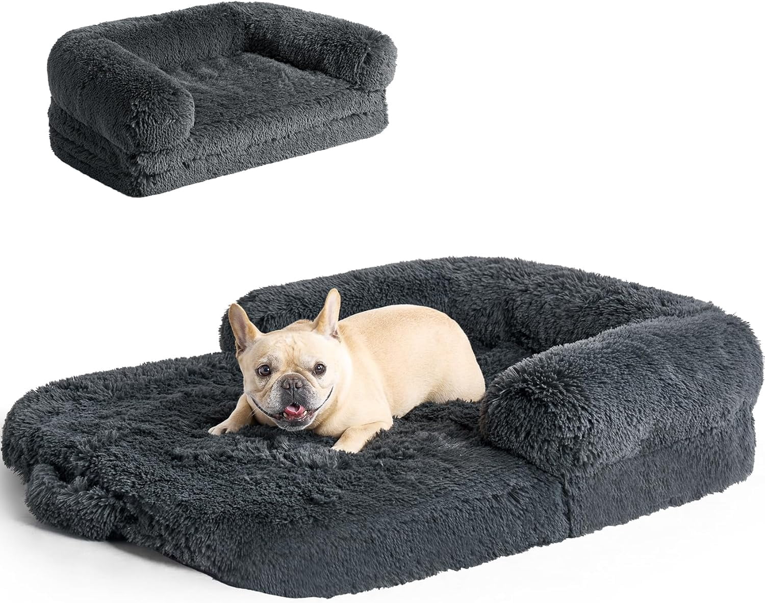 Foldable XL Dog Bed, Faux Fur Fluffy Dog Bed for Extra Large Dogs, Orthopedic Calming Memory Foam XL Dog Couch Bed, Washable Soft Warm Dog Sofa Bed with Non-Slip Bottom, Dark Grey, 40"x30"x6"