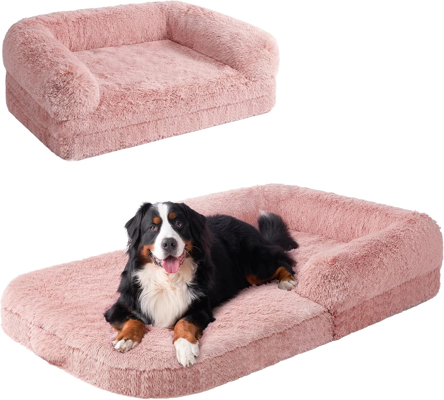 Foldable XXL Dog Bed, Faux Fur Fluffy Dog Bed for Extra Large Dogs, Orthopedic Calming Memory Foam Big Dog Couch Bed, Washable Soft Warm Dog Sofa Bed with Non-Slip Bottom, Pink, 54"x38"x7.5"