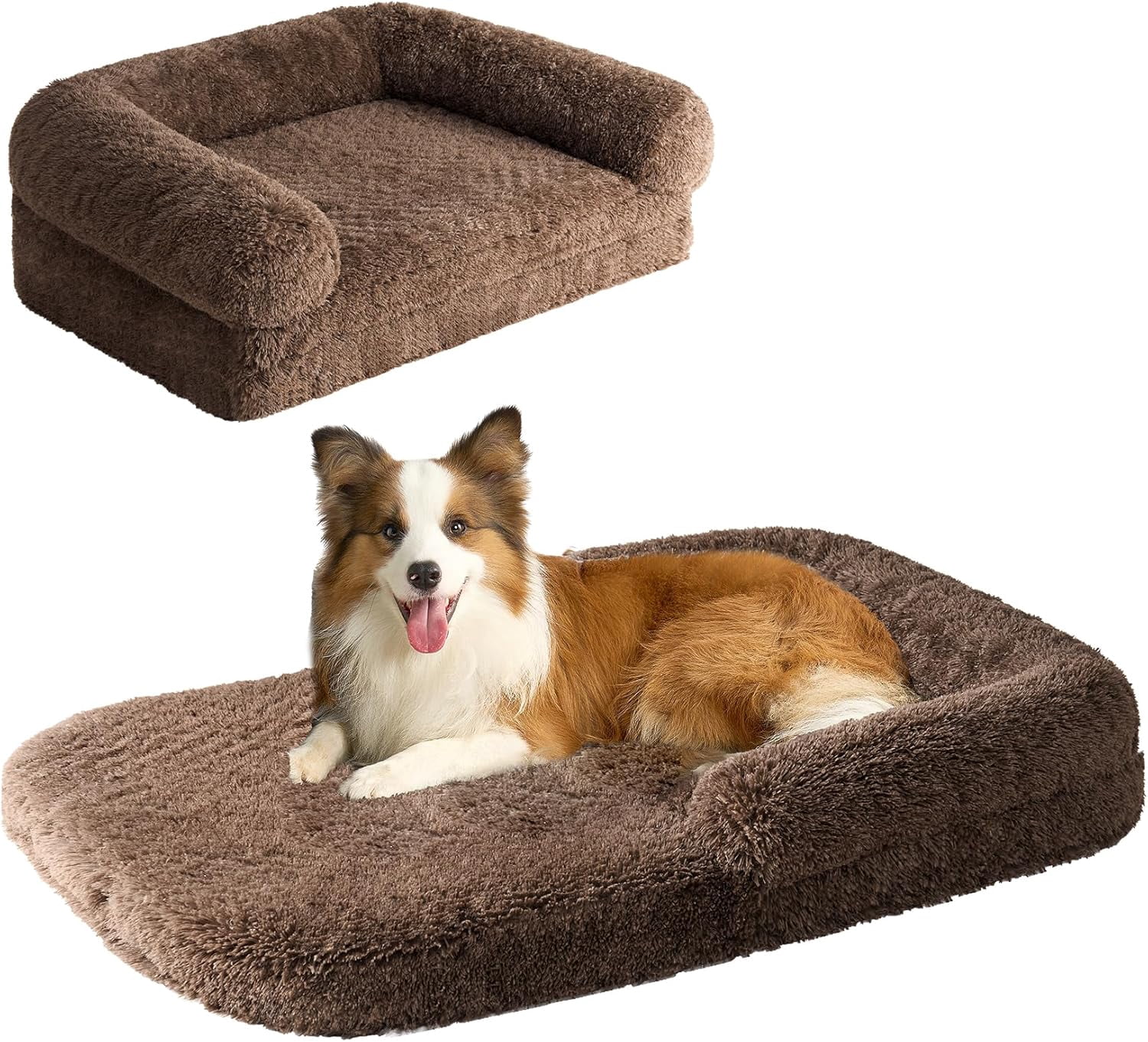 Foldable XXL Dog Bed for Large Sized Dog, 54"x38"x7.5" Faux Fur Fluffy Pet Couch Bed, Orthopedic Calming Memory Foam Big Pet Bed, Washable Pet Sofa Bed with Non-Slip Bottom, Brown