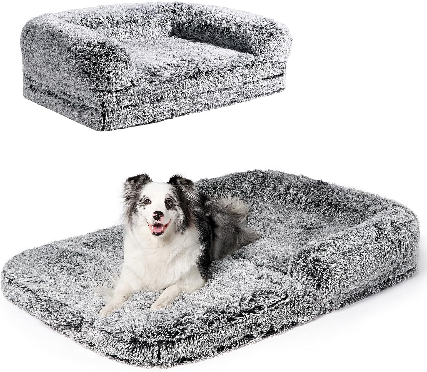 Foldable XXL Dog Bed for Large Sized Dog, 54"x38"x7.5" Faux Fur Fluffy Pet Couch Bed, Orthopedic Calming Memory Foam Big Pet Bed, Washable Pet Sofa Bed with Non-Slip Bottom, Faded Black