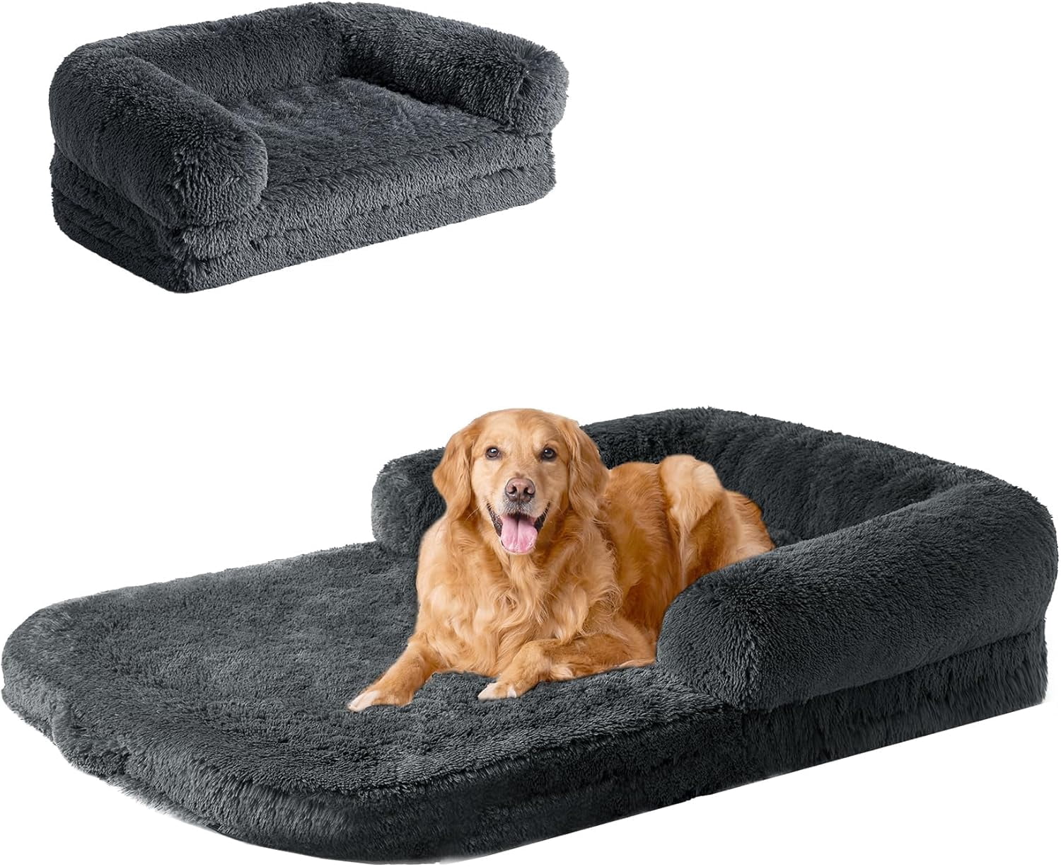 Foldable XXL Dog Bed for Large Sized Dog, 54"x38"x7.5" Faux Fur Fluffy Pet Couch Bed, Orthopedic Calming Memory Foam Big Pet Bed, Washable Pet Sofa Bed with Non-Slip Bottom, Dark Grey