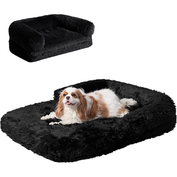 Foldable XXL Dog Bed for Large Sized Dog, 54"x38"x7.5" Faux Fur Fluffy Pet Couch Bed, Orthopedic Calming Memory Foam Big Pet Bed, Washable Pet Sofa Bed with Non-Slip Bottom, Black