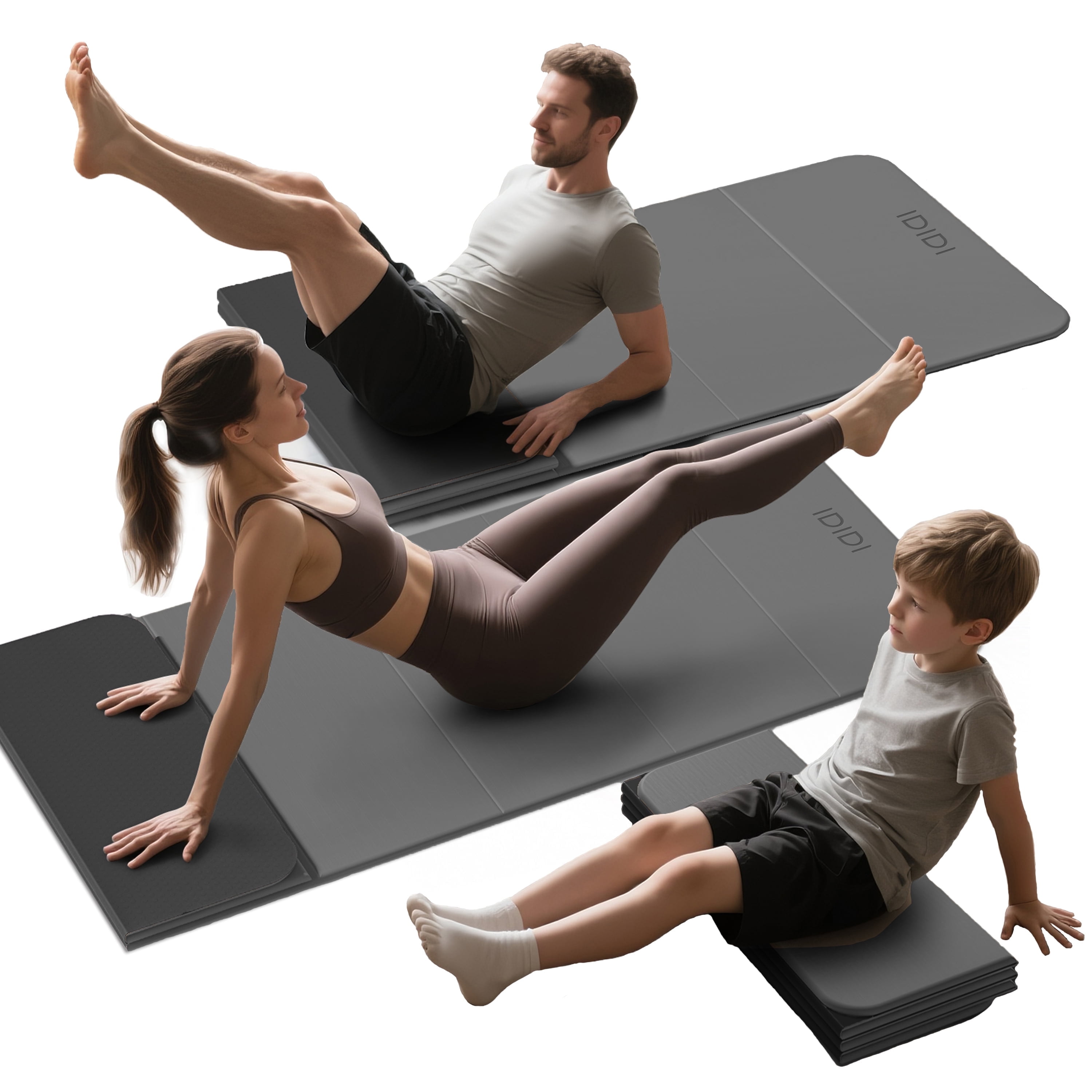 IDIDI Foldable Yoga Mat, 8mm Thick, Non Slip Exercise Mats For Home and Travel, Quick Unfold/Stor, Flat Lay No Curl Design(Grey+Black)