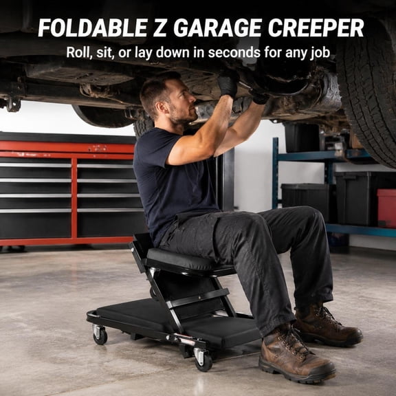 Foldable Z Garage Creeper 40 in Rolling Mechanic Stool, Adjustable Workshop Seat with 6 Universal Wheels, Padded Cushion, Portable Low Profile Car Repair Bench, Ideal for Auto Detailing, Under-Vehicl
