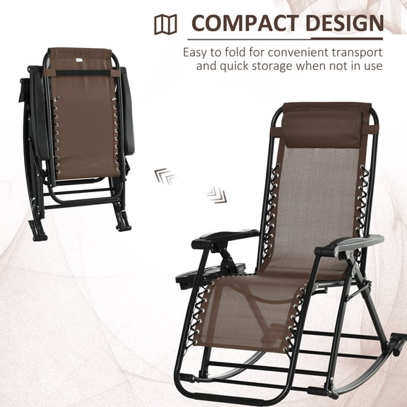 Foldable Zero Gravity Rocking Chair with Cup & Phone Holder, Brown Steel Outdoor Patio Lounge Rocker for Relaxing, 265 lbs Capacity