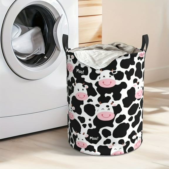 Foldable cowhide laundry basket - Large capacity portable storage basket, suitable for bedrooms and bathrooms - Durable and stylish home decoration, cute cow print design