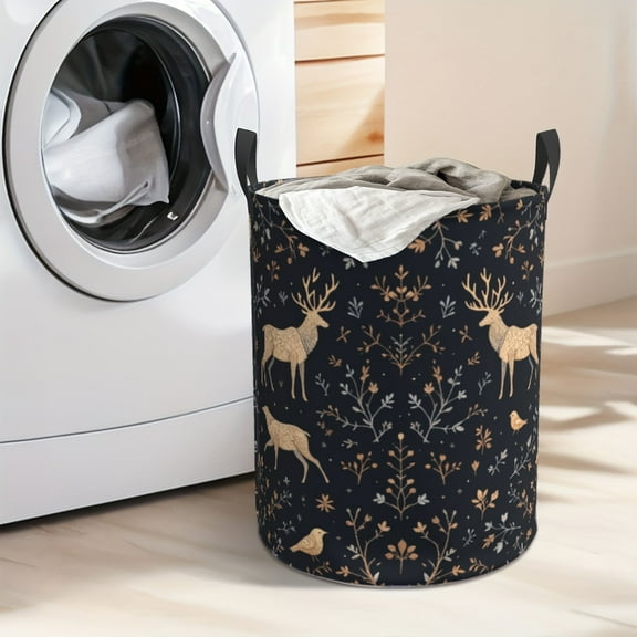 Foldable elk-print laundry basket with sturdy handle - durable polyester fabric, round design, convenient for storing dirty clothes in the bedroom or laundry room, laundry basket