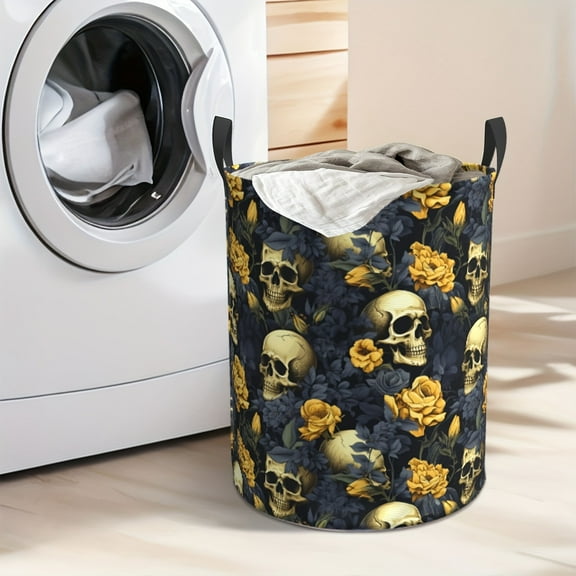 Foldable laundry basket with yellow rose and skull patterns - Large Oxford cloth storage box, with sturdy handle, suitable for bedrooms, bathrooms, home decoration, made of durable polyester fiber