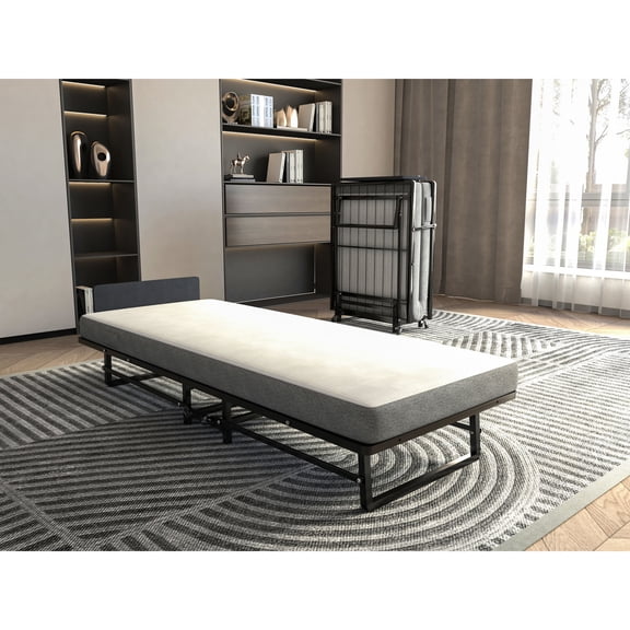 Foldable metal bed with smooth-rolling wheels - Effortlessly movable in home
