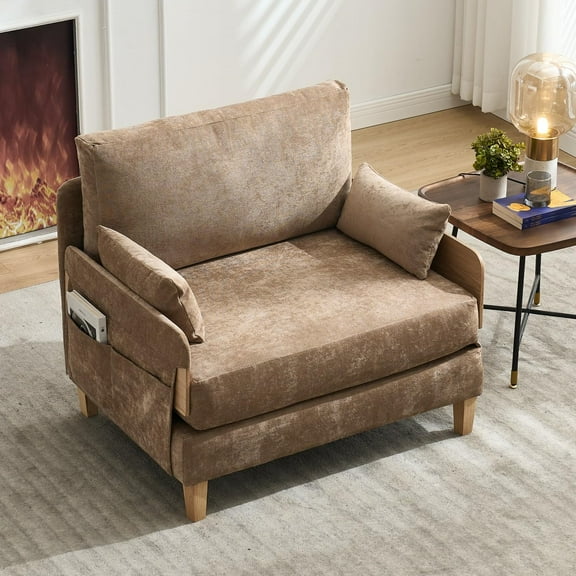 Foldable sofa bed recliner, 3-in-1 convertible sleeper, mid-century modern decor, suitable for small spaces, with three pillows for Living Room Bedroom Apartment Small Space (Light Brown)