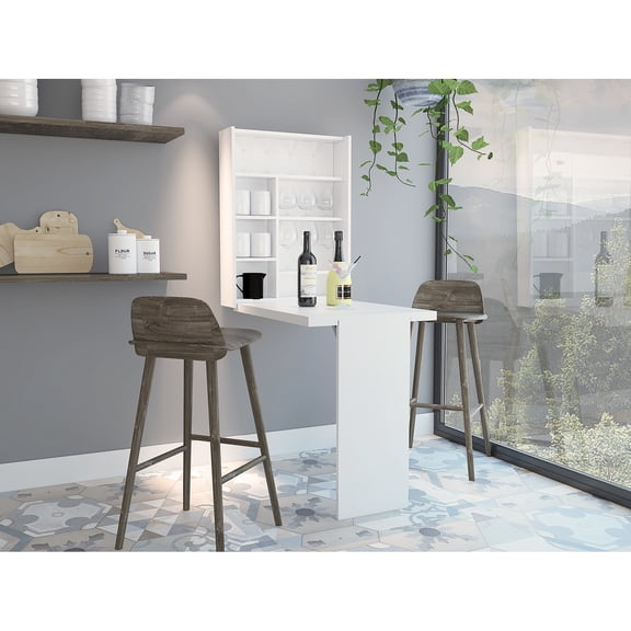 Foldable wall table with seven different - sized shelves for saving space in rooms