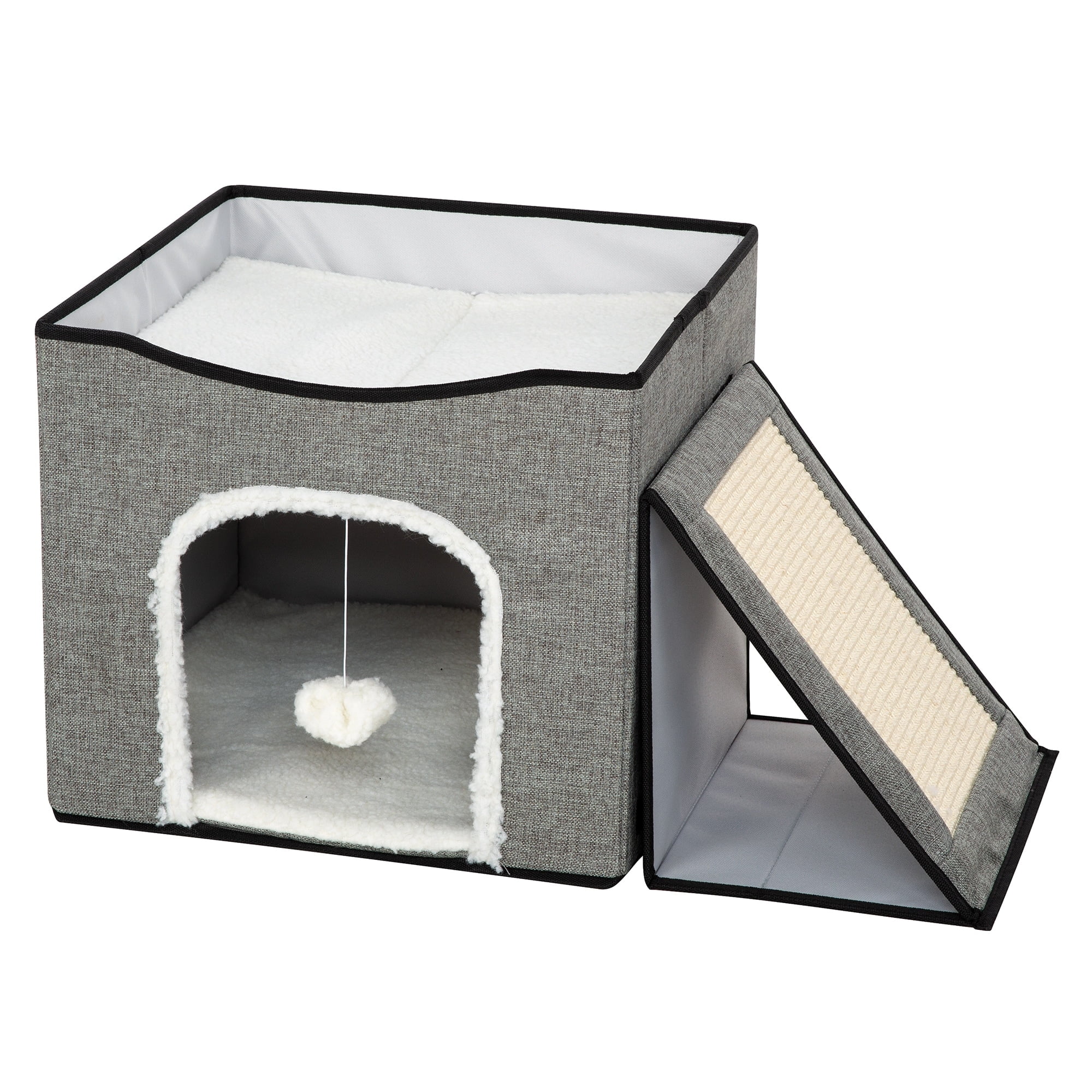 Gray Foldaway Cat Condo with Cushioned Platform and Scratching Post