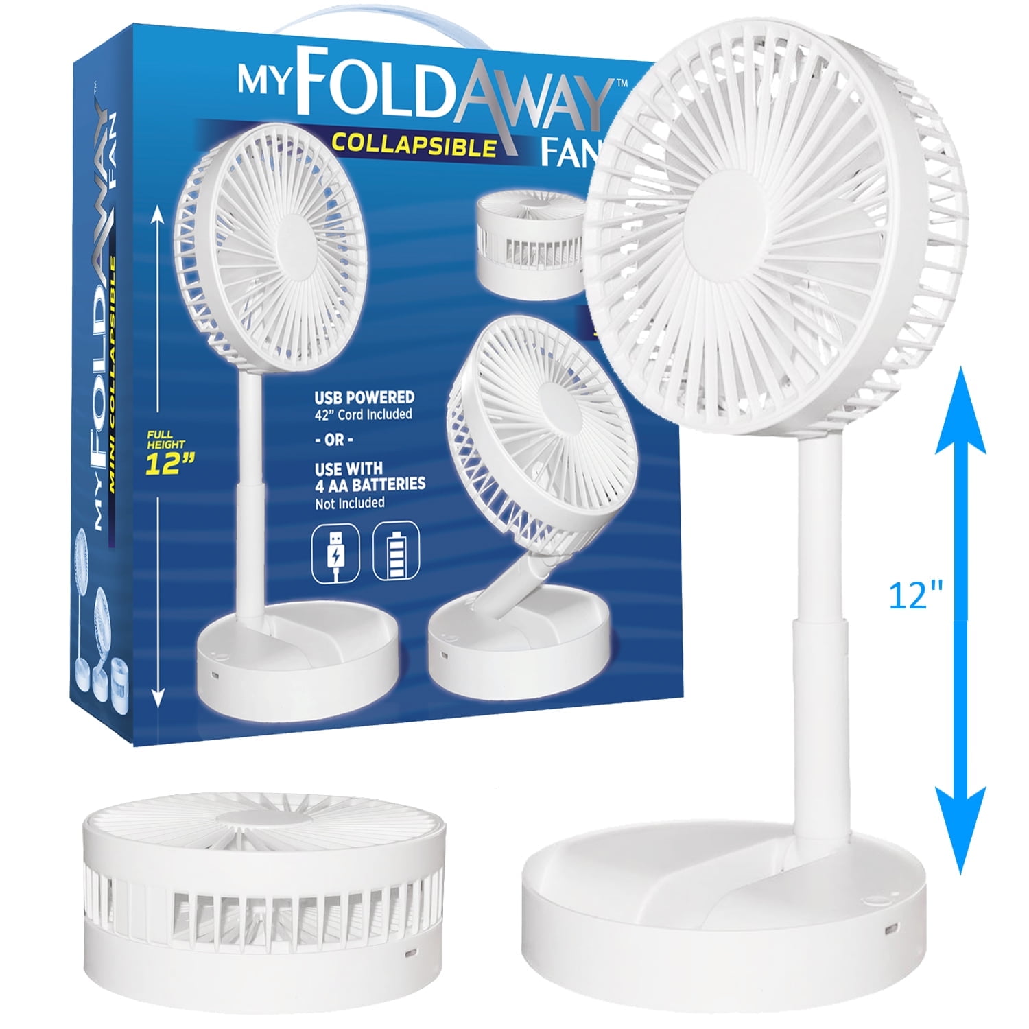 Bell + Howell My Foldaway Fan Rechargeable Fan Collapsible, Ultra Lightweight Portable Compact Extendable to 12" High with 2 Speed Modes As Seen On TV