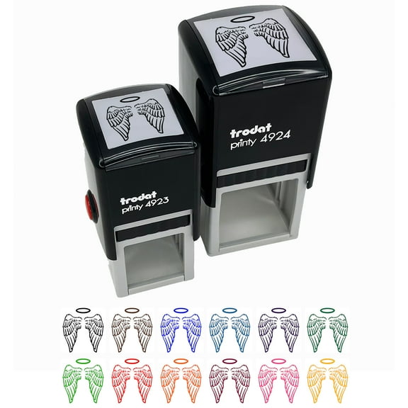 Folded Angel Wings with Halo Feathers Self-Inking Rubber Stamp Ink Stamper - Pink Ink - Small 1 Inch