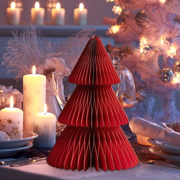 Folded Paper Christmas Tree Tabletop Decoration, Paper Accordion Xmas Tree Centerpiece for Dining Table Mantel Shelf, Farmhouse Indoor Home Christmas Seasonal Party Decor Supplies