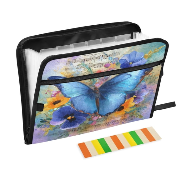 Folder Waterproof A4 Size File Folder Home Work Office Categorized Storage File Manager 13 Individual Pockets Blue Butterfly and Musical Sheets