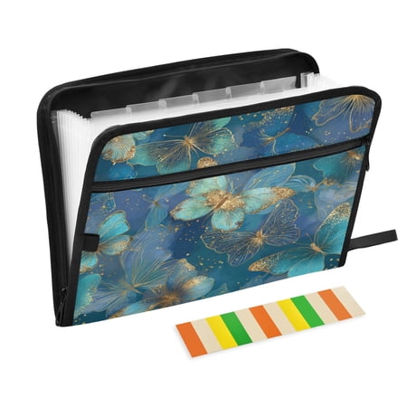 Folder Waterproof A4 Size File Folder Home Work Office Categorized Storage File Manager 13 Individual Pockets Gold and Teal Butterflies