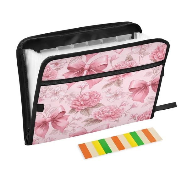 Folder Waterproof A4 Size File Folder Home Work Office Categorized Storage File Manager 13 Individual Pockets Pink Bows and Peony Flowers